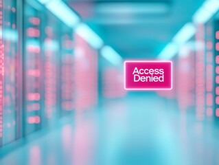 Futuristic Data Center with Holographic Access Denied Sign in Neon Glow