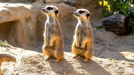 Fototapeta premium Two meerkats stand alert in the sand. Perfect for wildlife, nature, or animal documentaries.