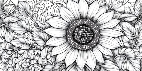 A detailed black-and-white illustration of a sunflower surrounded by intricate floral patterns.