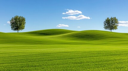 Fototapeta premium A serene landscape featuring green rolling hills, two trees, and a clear blue sky with fluffy clouds.