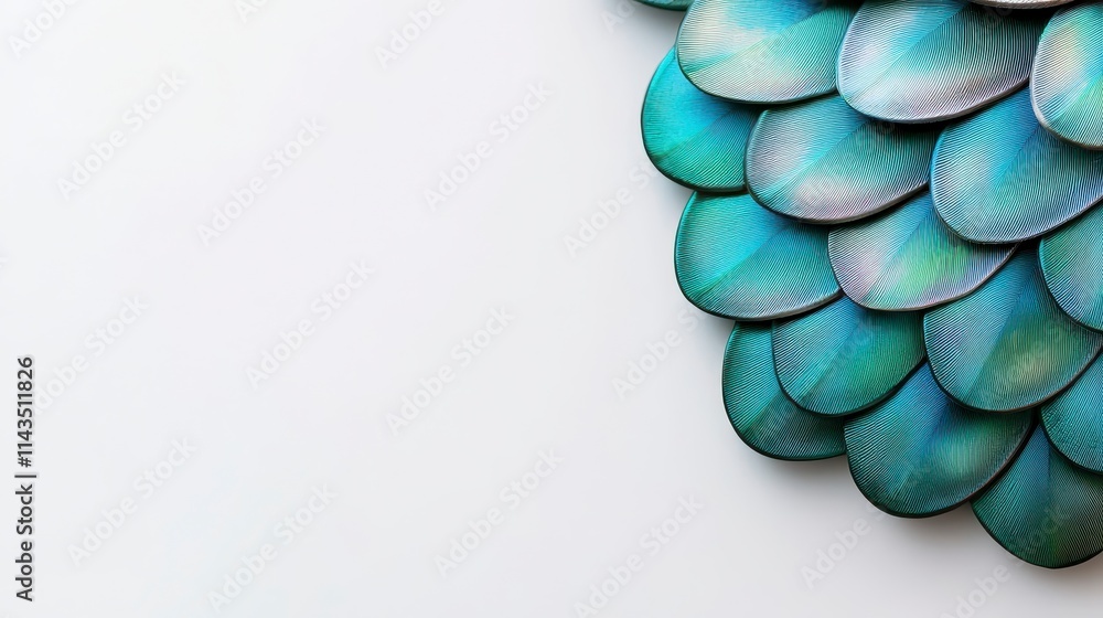 Poster a vibrant array of textured, blue-green scales arranged artistically against a simple white backgrou
