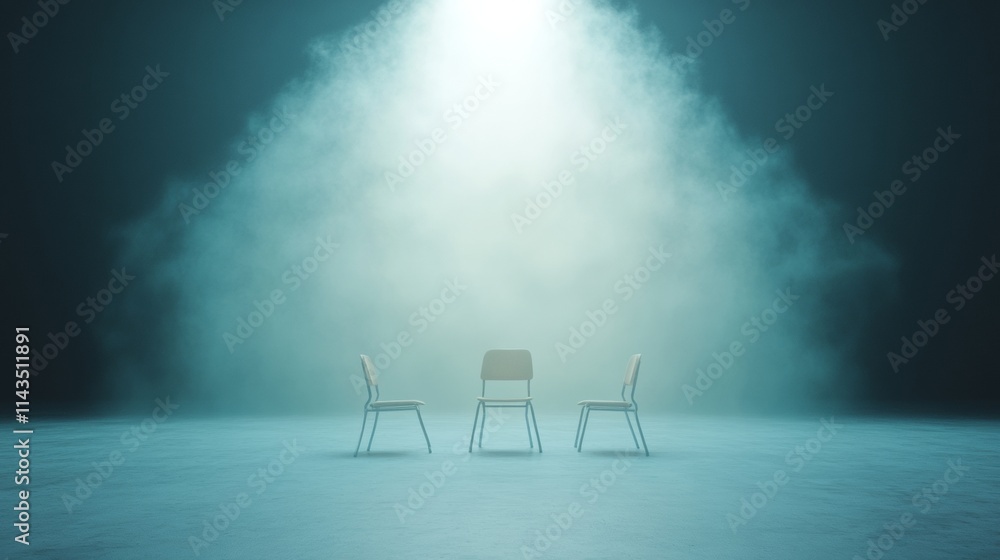 Poster minimalist cinema atmosphere with empty chairs and atmospheric lighting in surreal auditorium