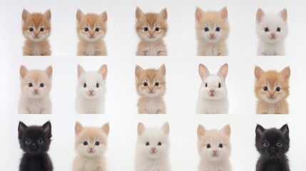 Obraz premium A cute arrangement of kittens in various colors, showcasing their adorable faces against a simple background.