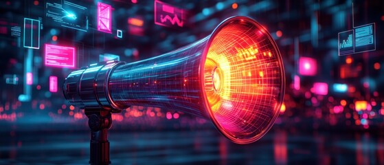 Megaphone Digital Marketing Strategy with Holographic Icons and Graphs