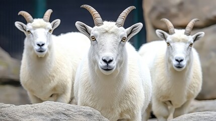 Obraz premium Three white goats with curved horns stand among rocks, showcasing their calm demeanor in a natural setting.