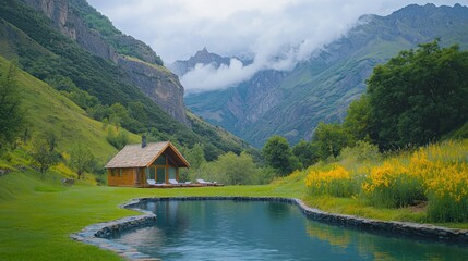 Fototapeta premium Cozy mountain ecolodge retreat scenic nature tranquil view