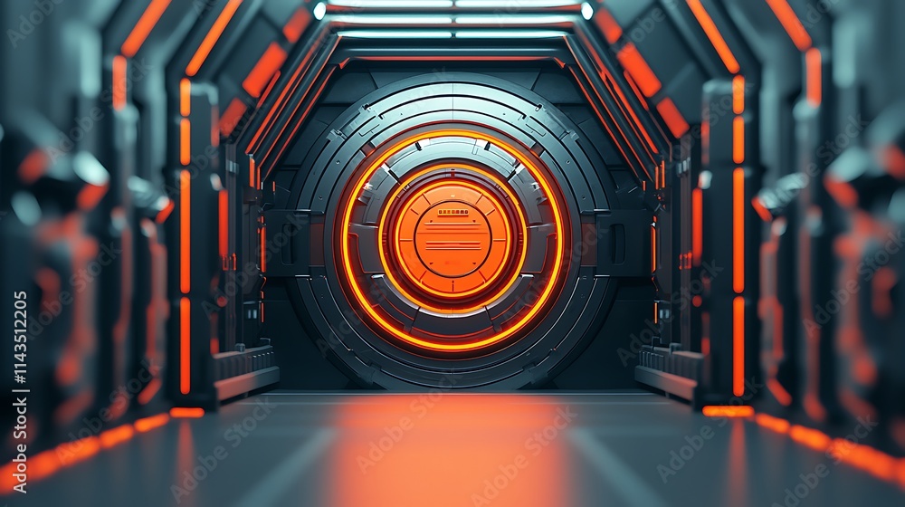 Poster a futuristic corridor featuring metallic walls and an illuminated orange circular portal at the end,