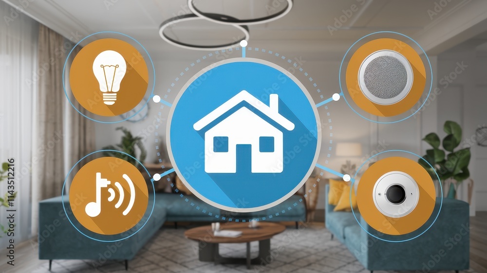 Poster smart home system integration showing lighting audio and security
