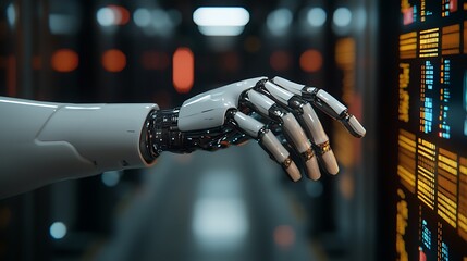 A robotic hand interacts with a data display in a futuristic server room, showcasing advanced technology and artificial intelligence.