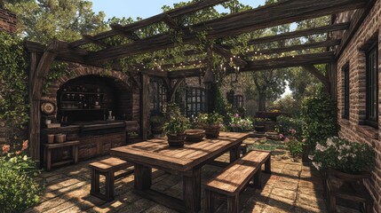 Fototapeta premium Rustic outdoor dining area with wooden pergola, brick walls, and lush greenery. Perfect for blogs, websites, or publications showcasing garden design or rustic charm.