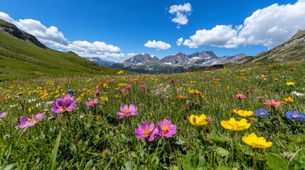 Fototapeta premium A vibrant alpine meadow filled with colorful wildflowers under a clear blue sky, framed by majestic mountains in the background.