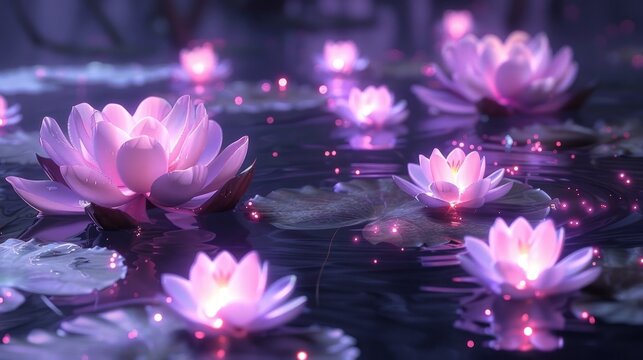 Glowing lotus blossoms floating in a serene dreamlike pond with shimmering reflections  The ethereal magical scene evokes a sense of tranquility and mysticism