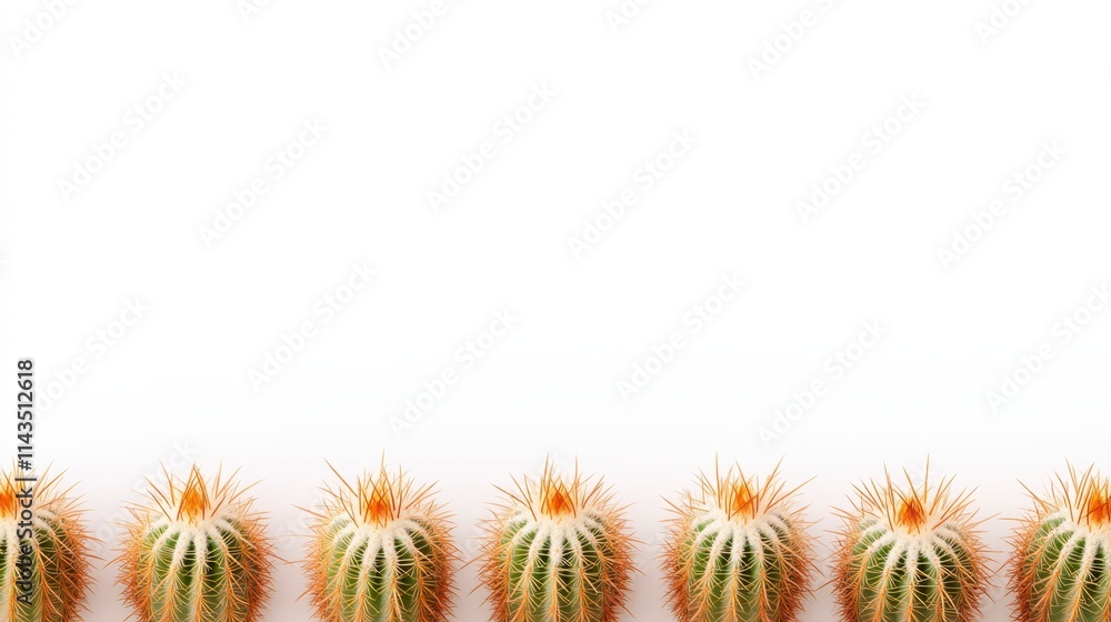 Poster a minimalist arrangement of small cacti displayed in a row against a plain white background, showcas