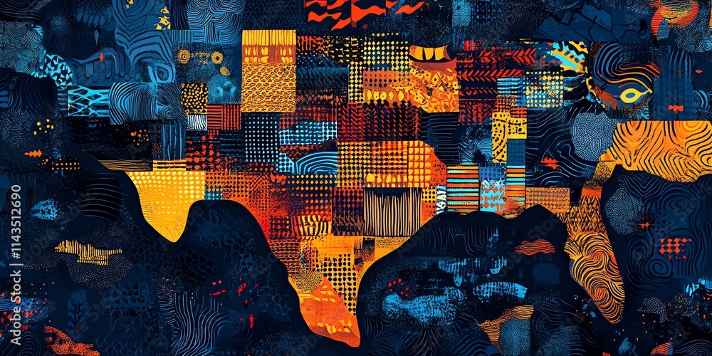 Poster A colorful, abstract representation of the state of Texas with intricate patterns and designs.