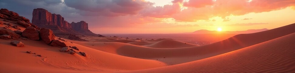 Fototapeta premium A vast desert landscape at dusk with sand dunes and rocky formations, endless, sand dunes, rocks