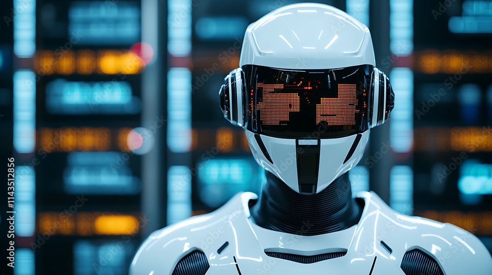Aufkleber a futuristic humanoid robot with a sleek design and illuminated facial features stands against a bac