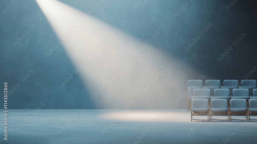 Poster minimalist cinema empty auditorium with projector beam and grainy textures