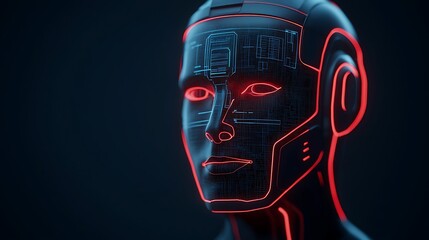 A futuristic robotic head with glowing lines and circuit-like patterns set against a dark background, symbolizing advanced technology and artificial intelligence.