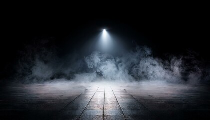 ドライアイスの煙とスポットライトの光. Dry Ice Smoke and Spotlight Beams. AI generated.