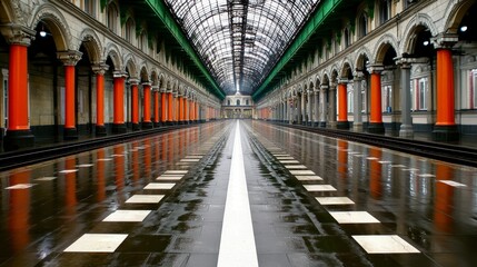 Obraz premium A spacious, beautifully designed corridor with wet floors, arches, and vibrant orange pillars, creating a striking architectural perspective.