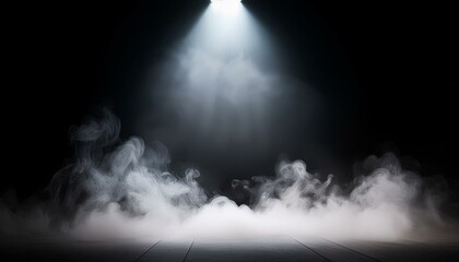 Fototapeta premium ドライアイスの煙とスポットライトの光. Dry Ice Smoke and Spotlight Beams. AI generated.