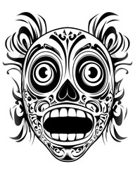 Obraz premium A black and white drawing of a skull with a mouth open and eyes wide open. The skull has a design on it and he is a symbol of death or something sinister