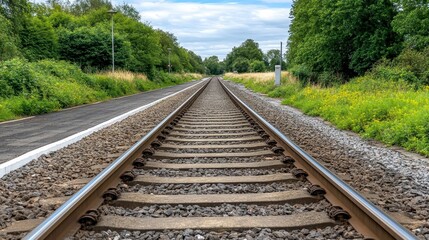 Fototapeta premium A serene view of railway tracks stretching into the distance, surrounded by lush greenery and a cloudy sky.