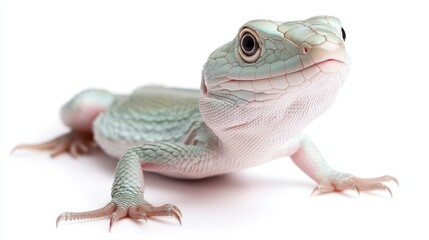 Obraz premium A close-up of a pale blue-green lizard with delicate features and a smooth texture, showcasing its curious expression against a white background.