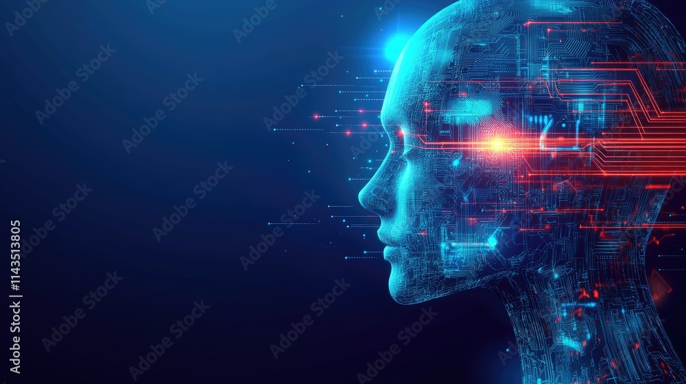Poster a profile picture of an ai with digital circuitry and data streams, symbolizing the power behind art