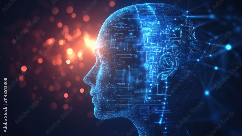 Poster a profile picture of an ai technology avatar with digital lines and glowing elements, representing a