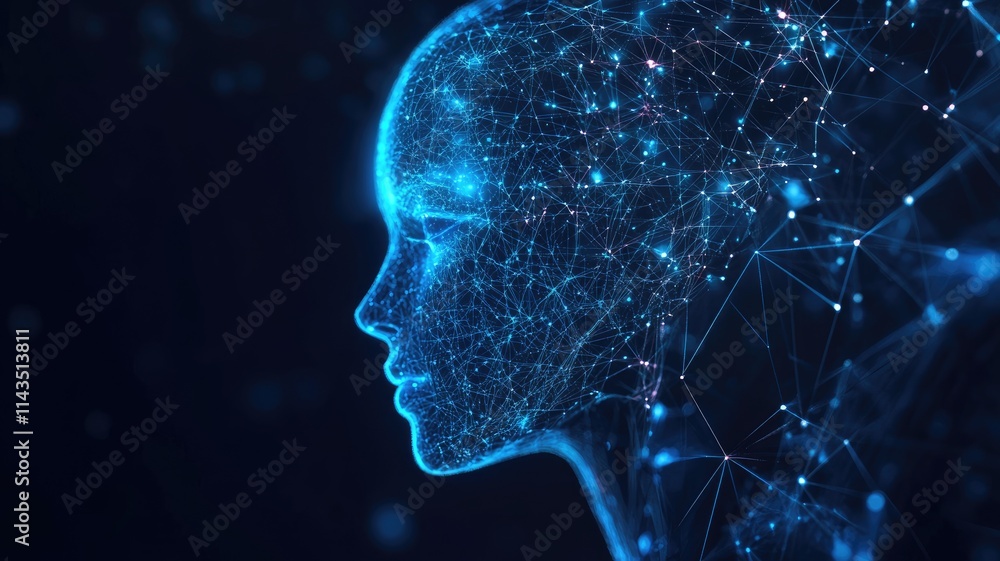 Poster a profile picture of an ai technology avatar with digital lines and glowing elements, representing a