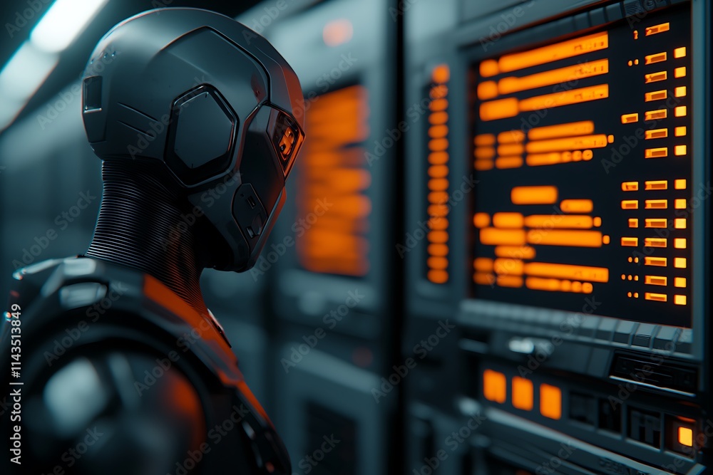 Poster a futuristic robot interacts with glowing orange screens in a high-tech environment, showcasing adva
