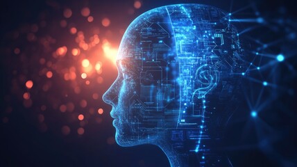 A profile picture of an AI technology avatar with digital lines and glowing elements, representing artificial intelligence ,generative ai