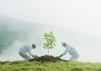 Volunteers Planting Saplings in Misty Forest Gentle Surreal Nature Conservation