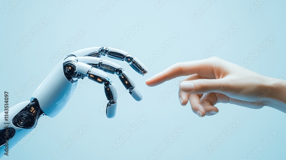 Aufkleber index finger of human's hand touching index finger of robot's hand symbolizing interaction between h