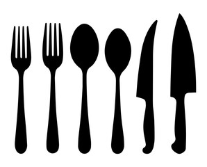 A clean, minimalistic vector illustration of kitchen utensils in black silhouette style in ector