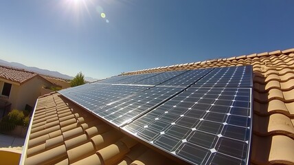 solar panels on the roof of an American home, with bright sunlight shining through them. The house is in front of a blue sky and white clouds,generative ai