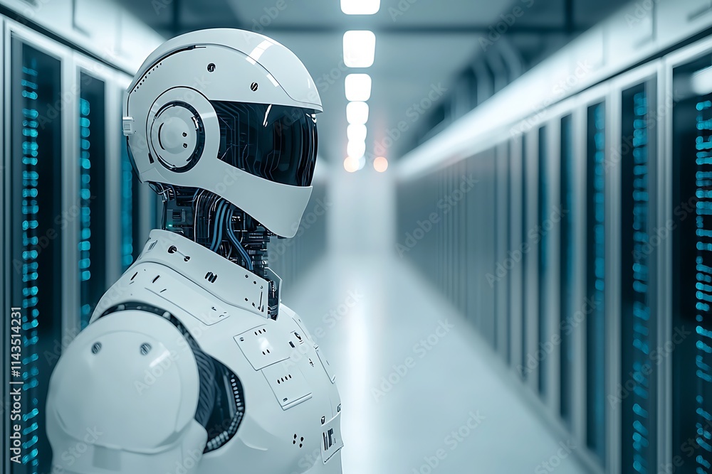 Poster a futuristic robot stands in a server room, surrounded by rows of glowing servers, embodying advance