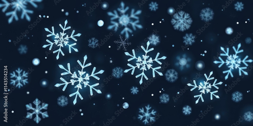 Poster a captivating display of intricate snowflakes gracefully floating against a deep blue backdrop, crea