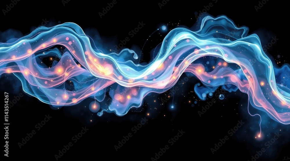 Poster a captivating flow of luminous waves undulates against a black backdrop, blending shades of blue and