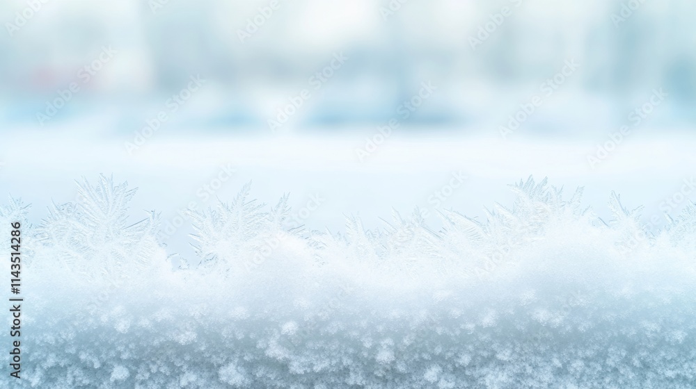 Poster close-up of frost patterns on car window with snow-covered street in background