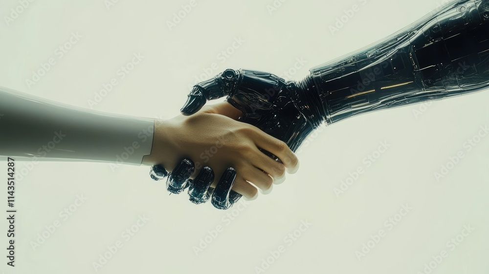 Aufkleber the human hand shaking hand with the robot hand representing the interaction between humans and arti