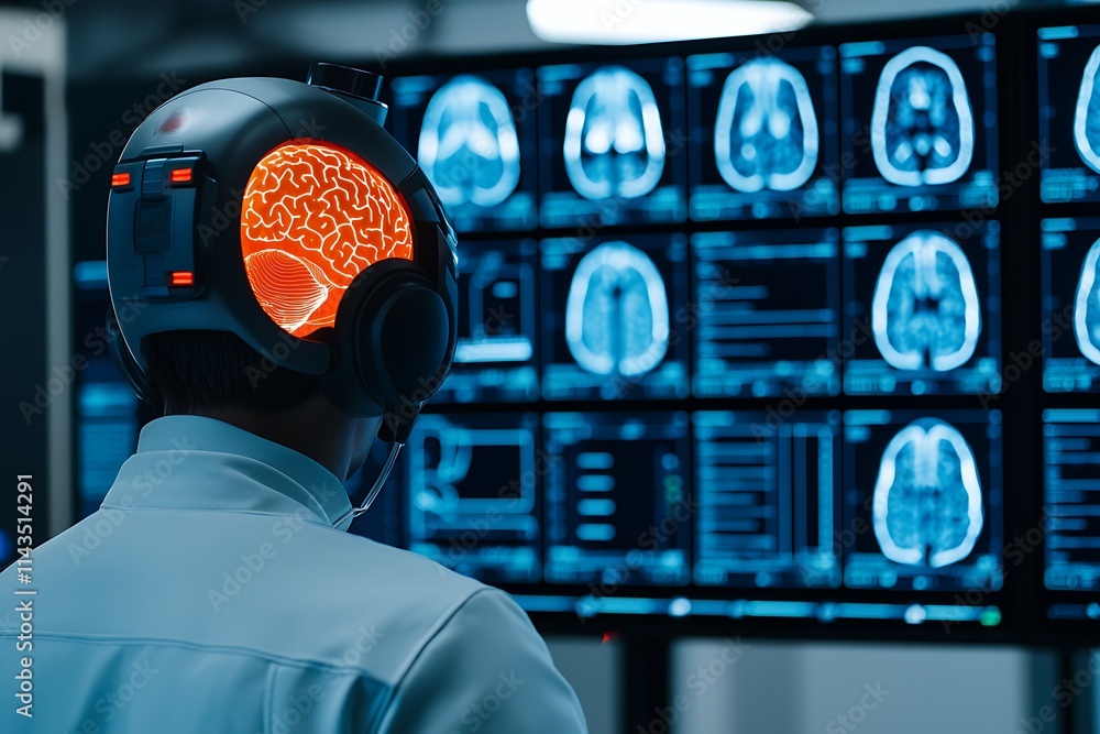 Poster a scientist observes brain scans with a futuristic headset displaying an illuminated brain, merging 