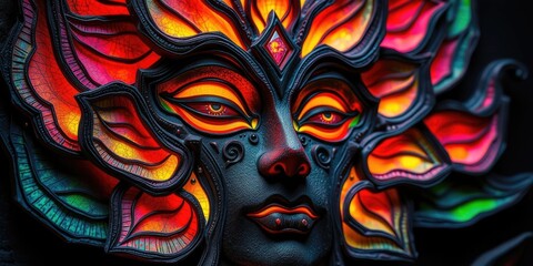 A beautifully crafted mask features detailed patterns and radiant hues, capturing attention with its vibrant artistry and imaginative design elements
