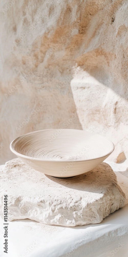 Poster minimalistic earthenware bowl on stone surface in sunlit setting