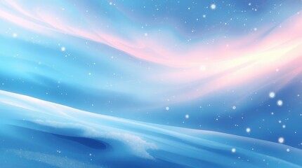 A tranquil winter evening showcases a mesmerizing blend of soft blue tones and gentle pink wisps against a snowy backdrop, creating a serene atmosphere