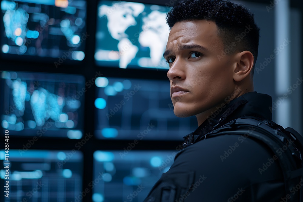 Poster a focused man in tactical gear stands in front of multiple screens displaying data and maps, exuding