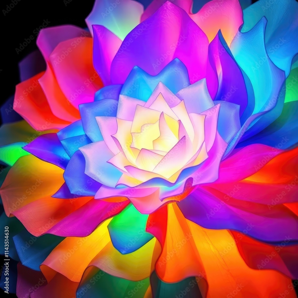 Poster a radiant flower with intricate petals glows in a spectrum of colors, capturing the essence of artis