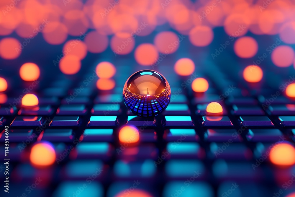Poster a close-up of a reflective sphere on a textured surface, surrounded by glowing dots of orange and bl