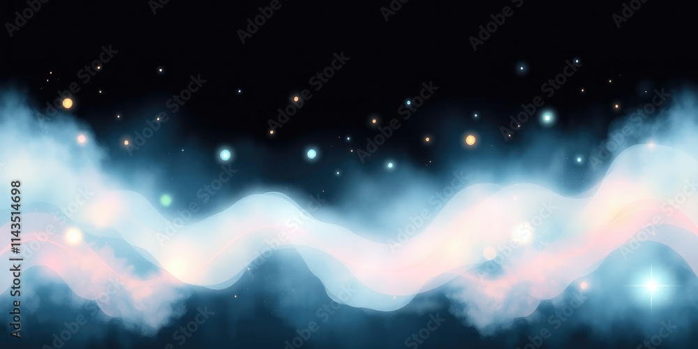 Poster swirling clouds of cosmic fog create an enchanting atmosphere, illuminated by twinkling stars in a v